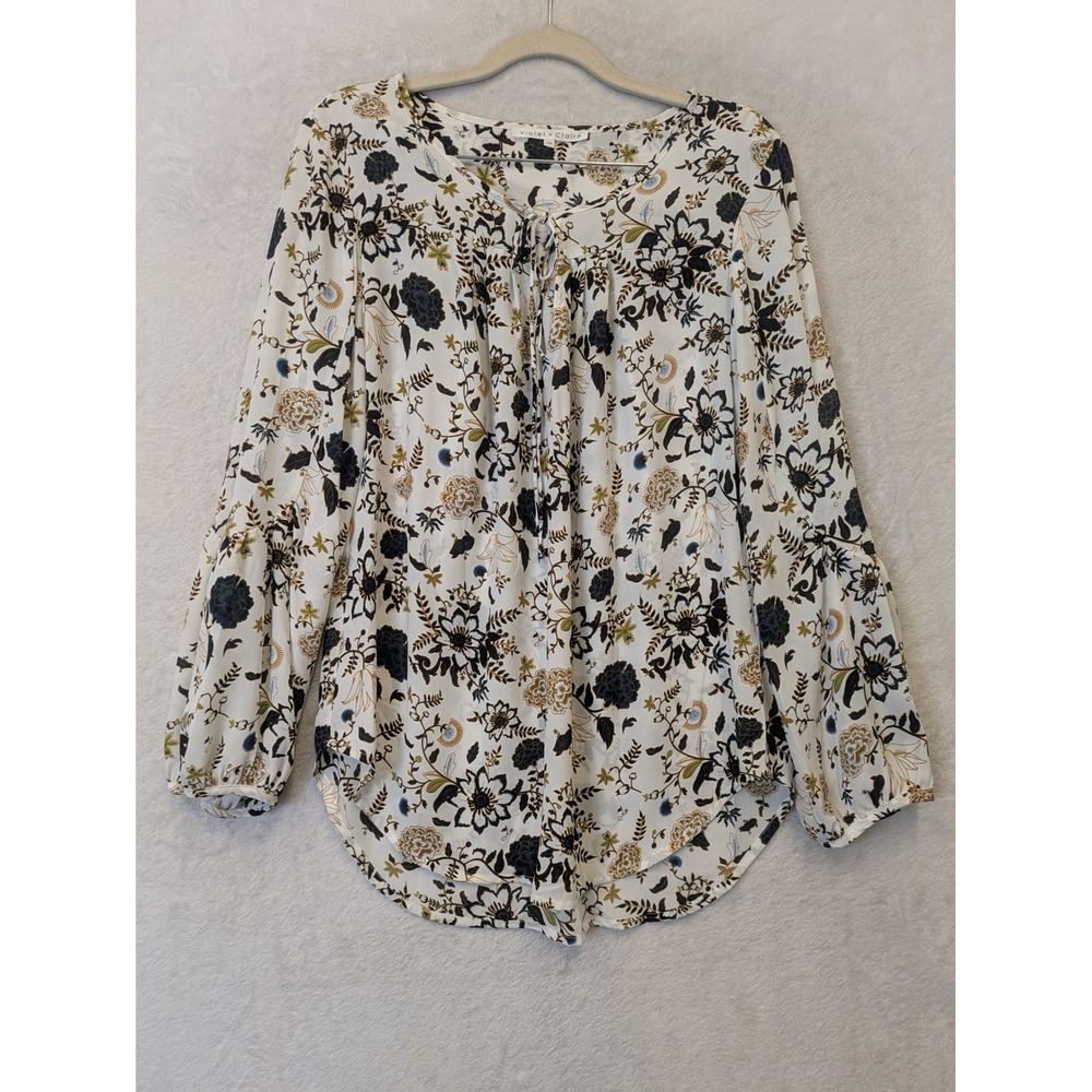 Violet +‎ Claire Women's Size M Floral Boho Tie Neck Blouse White Navy Gold
